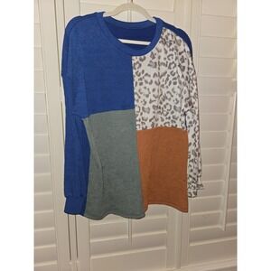 Colorblock Patchwork Knit Sweatshirt with Leopard Print Blue, Green,Tan Stretchy